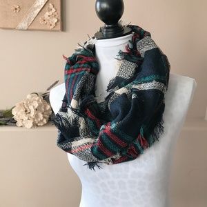 Infinity Scarf, red white navy green plaid